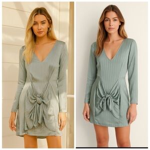 Leyden Sage Blue Faux Wrap Long Sleeve Tie Front Mini Dress Small